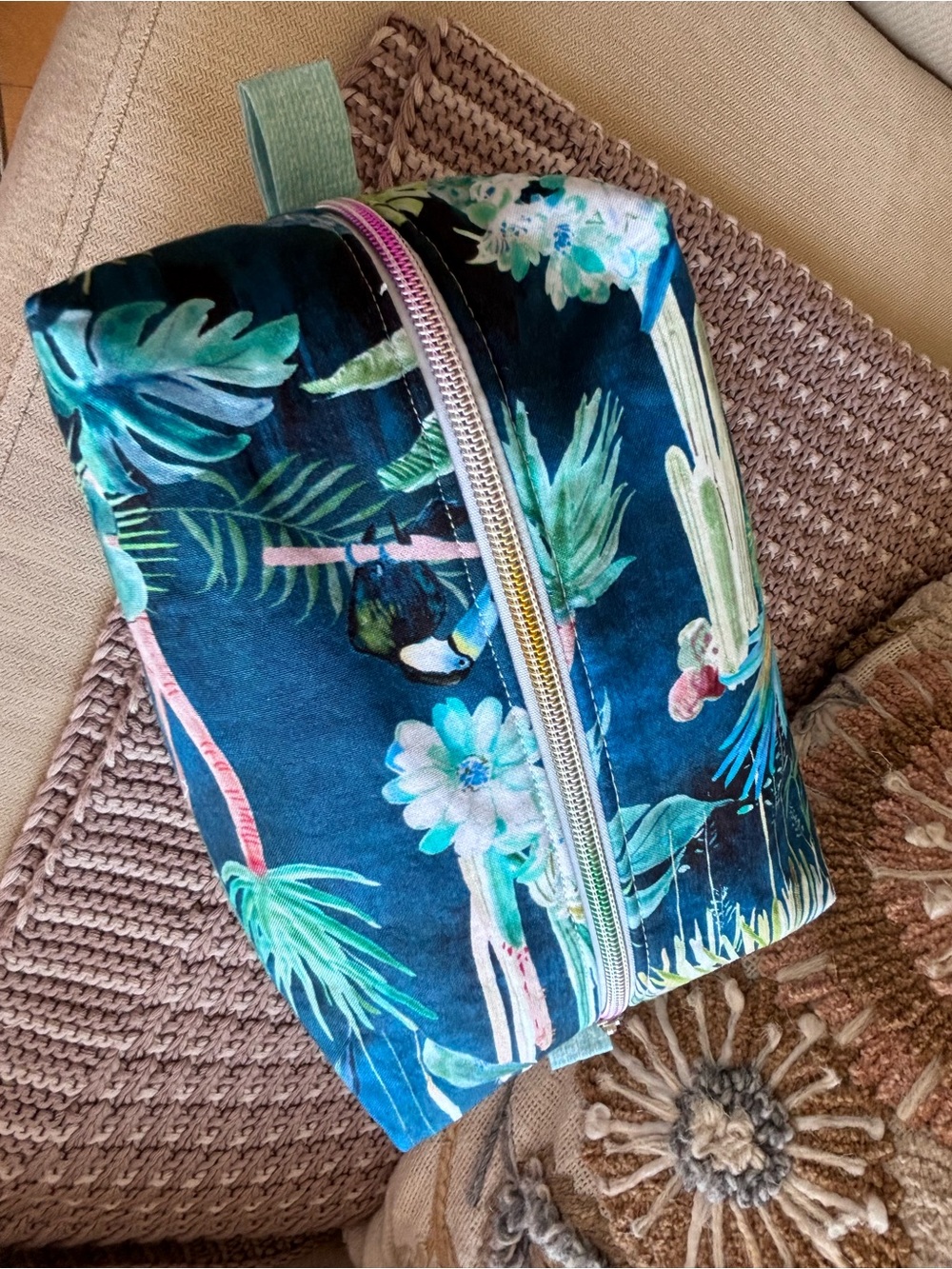 NWT Boxy Cosmetic Bag Tropical Print zipper top tabs